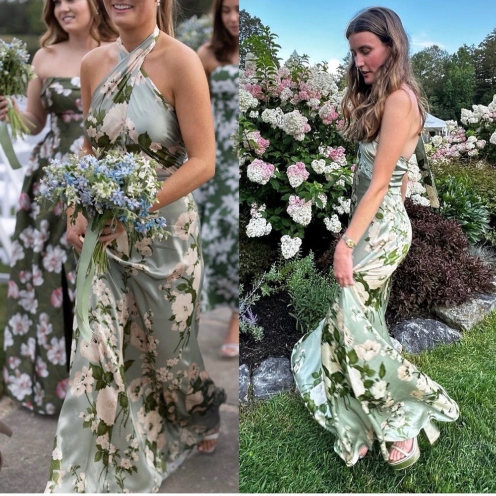 Reformation Veria Silk Halterneck Maxi Gown Green Silk Floral Dress Size XS - Picture 2 of 7